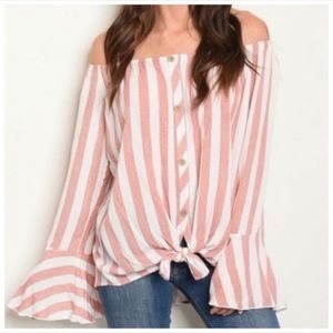 Brick striped off shoulder button down top